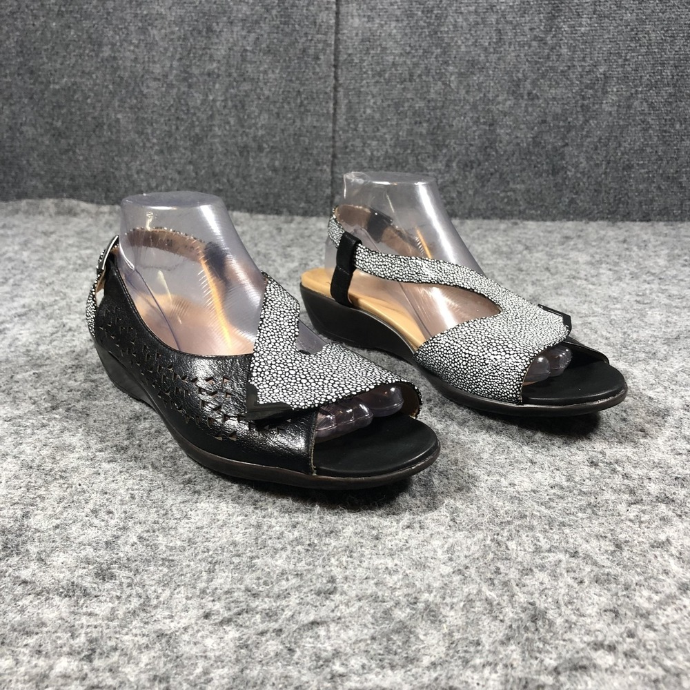Ziera Womens 10.5 Black Leather Slingback Wedge Sandals Comfort